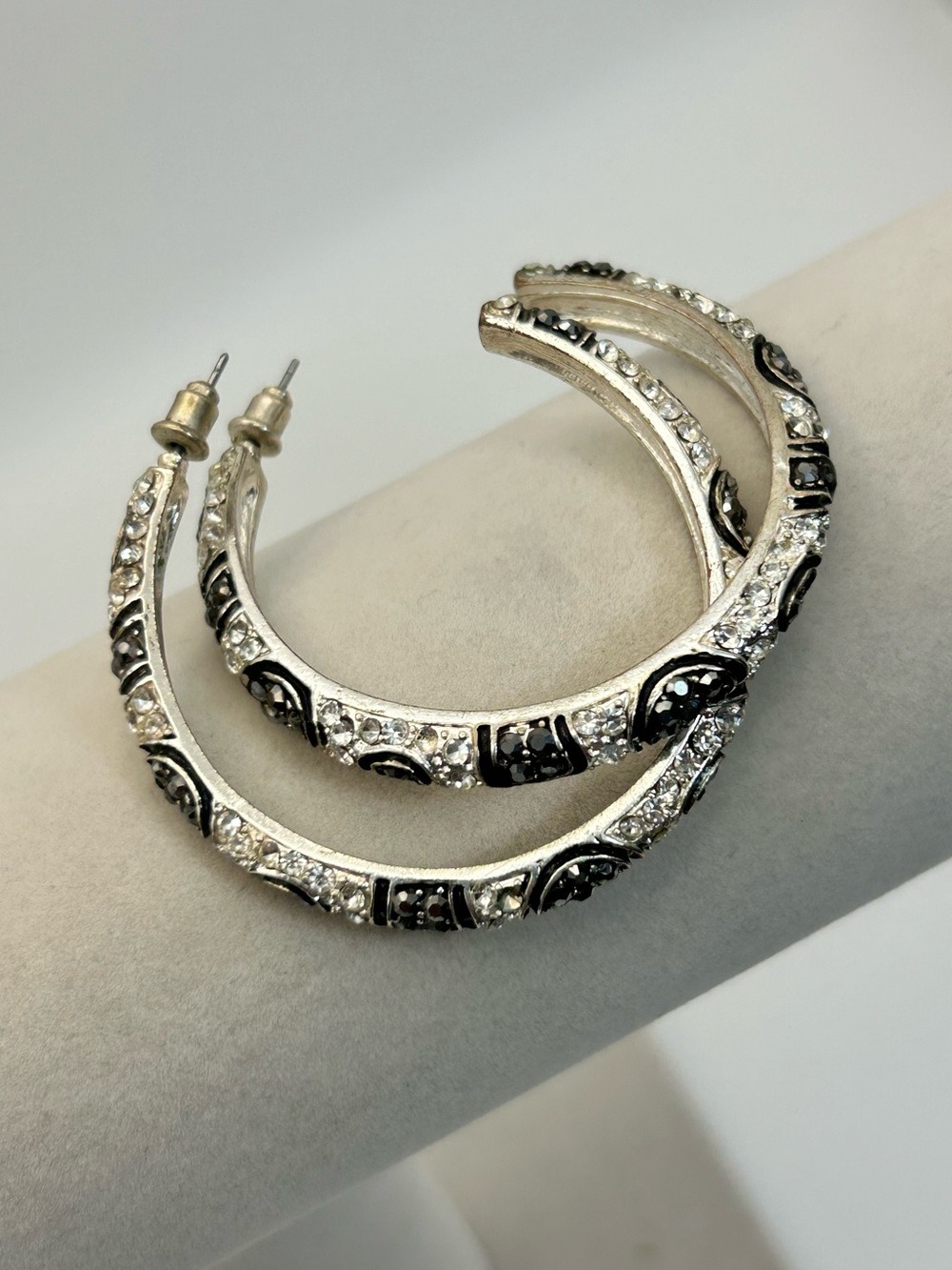 Silver-Tone Black & Clear Crystal Hoop Earrings 2"